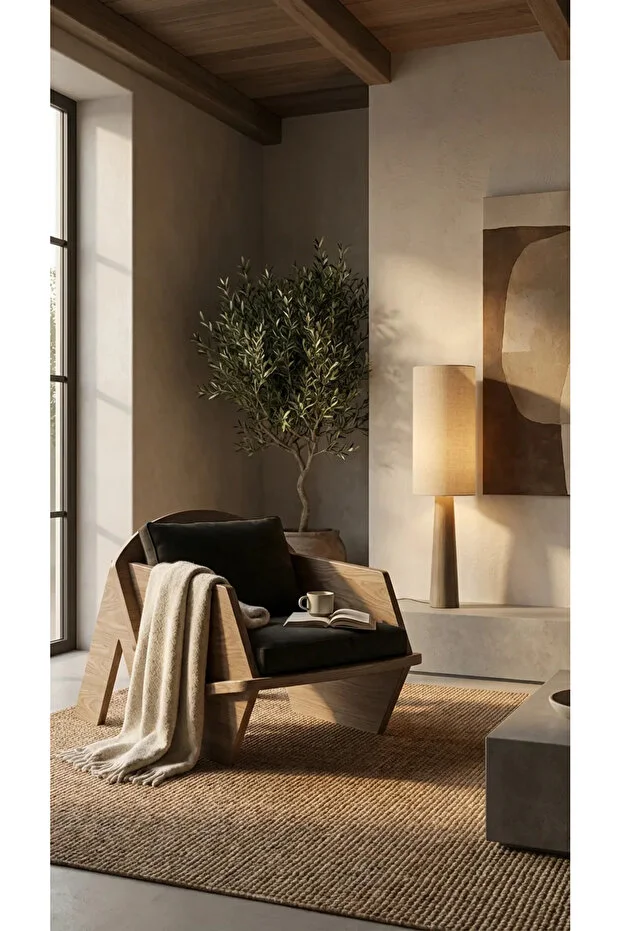 BIRD Ahşap Ceviz Berjer, Krem Keten Kumaş Tekli Koltuk, Doğal Ahşap Kanepe